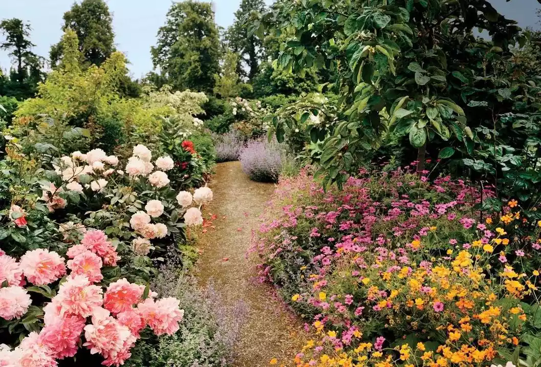 Lush flower garden with flowers spilling over onto walkway
